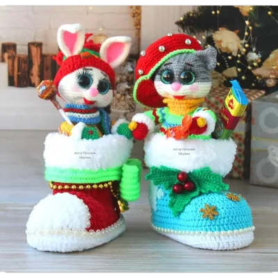 Рождественский Сапог с Зайчонком и Котенком - Марина Маурина