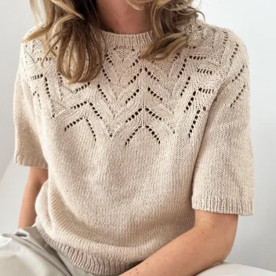 Стильный топ с ажурной кокеткой Tulipan, вязаный спицами сверху - Lene Holme Samsoe, LeKnit