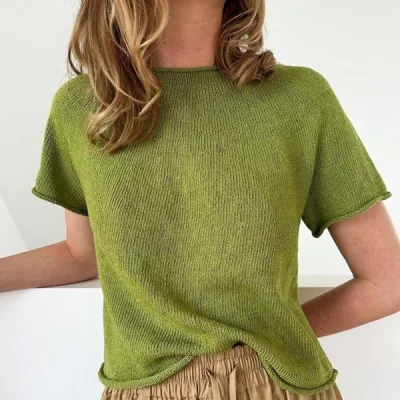 Тонкая простая футболка Plain Yoke Tee 28, вязаная спицами сверху - Lene Holme Samsøe, LeKnit